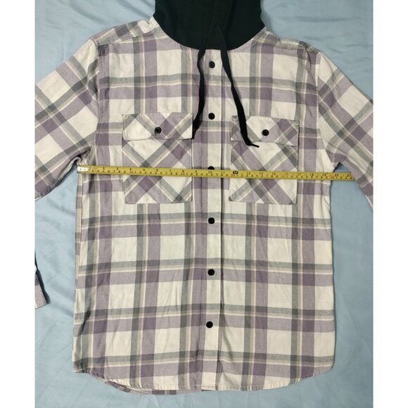 NoBo Mens Small Button Up Flannel Hooded Shacket Shirt Plaid 34-36 Off White Sm - Picture 7 of 16